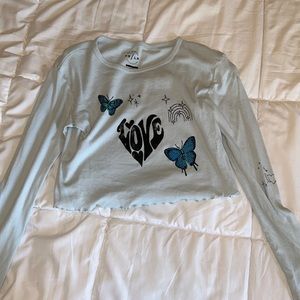 Pacsun Blue Butterfly Long Sleeve Cropped Tee